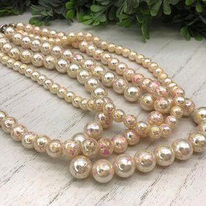 Vintage Necklace Three Strands Faux Pearls Pink, cream And Yellow Confetti Spla